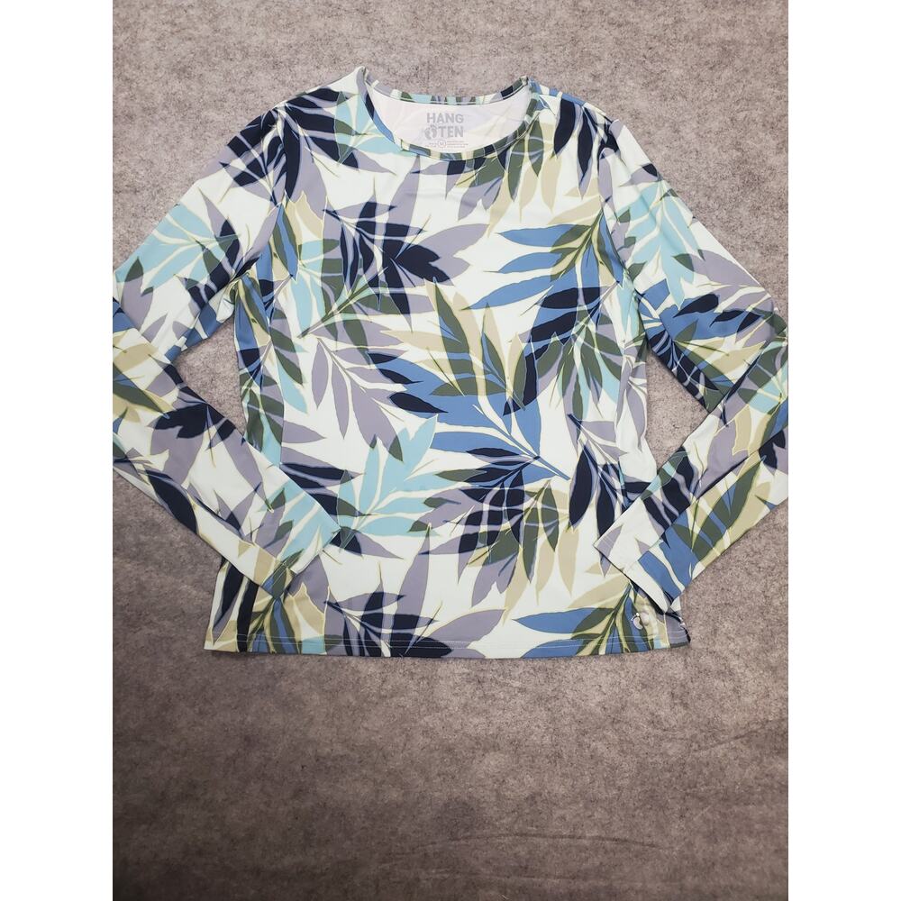 Hang Ten Women's M Blue & Green Tropical Leaf Print Rash Guard LS Shirt